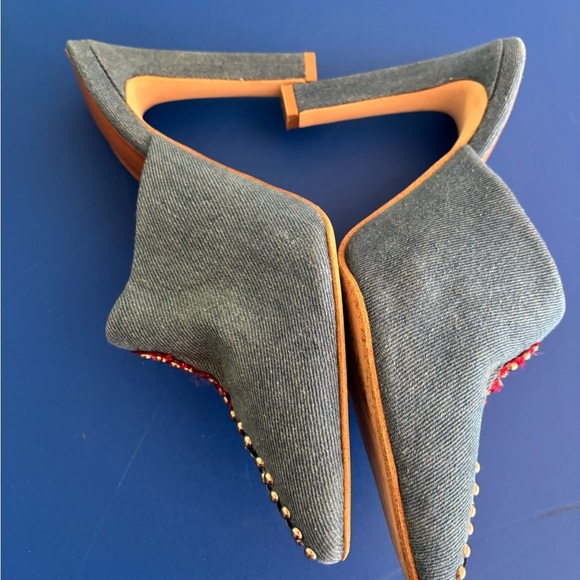 Anthropologie Jeffrey Campbell Women's Embroidered Denim Mules - Red and Gold - Picture 3 of 6